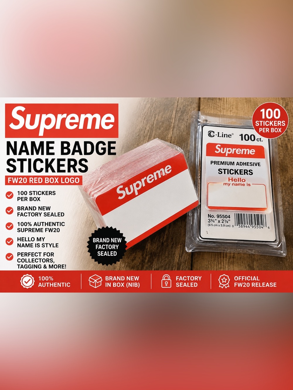 Supreme FW20 Name Badge Stickers (Pack of 100) - Red Box Logo Sealed